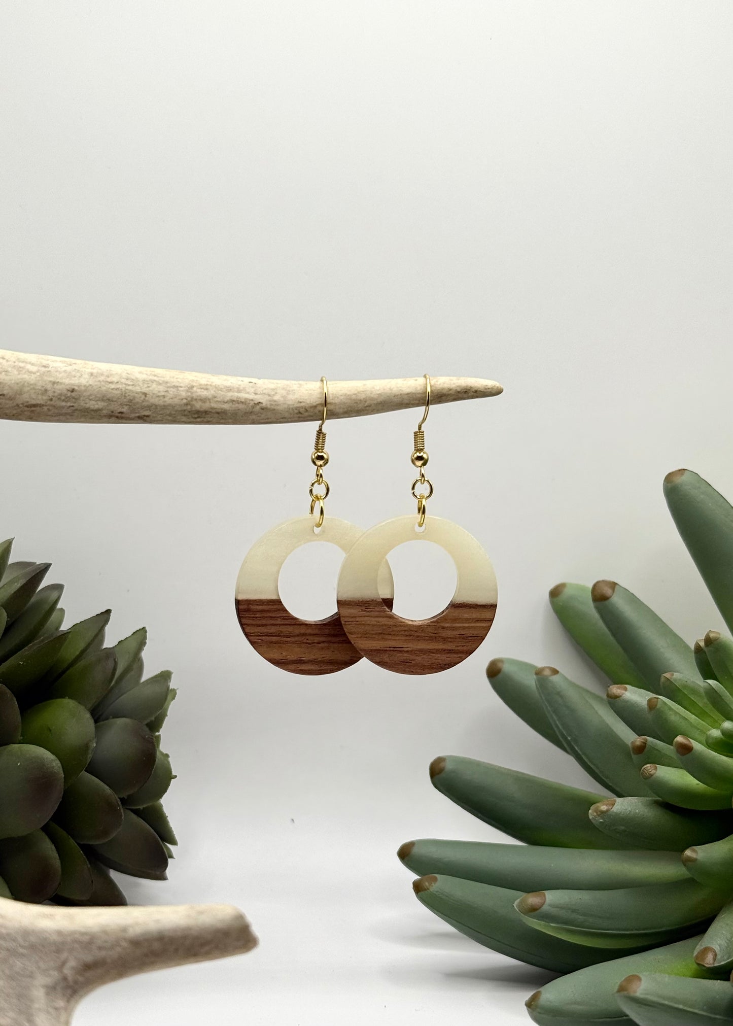 Wood & Pearl Resin Hoop Earrings