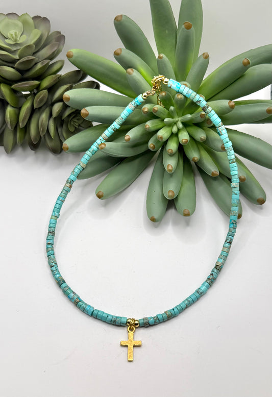 Gold Cross & Heishi Bead Necklace