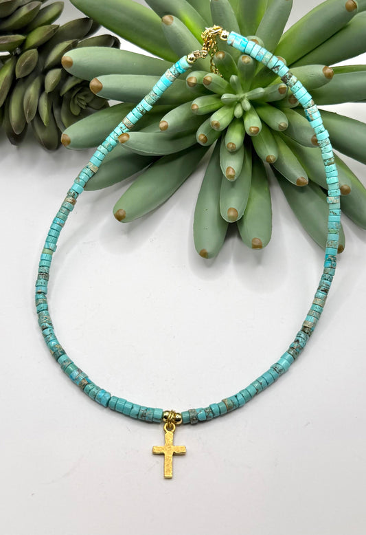 Gold Cross & Heishi Bead Necklace