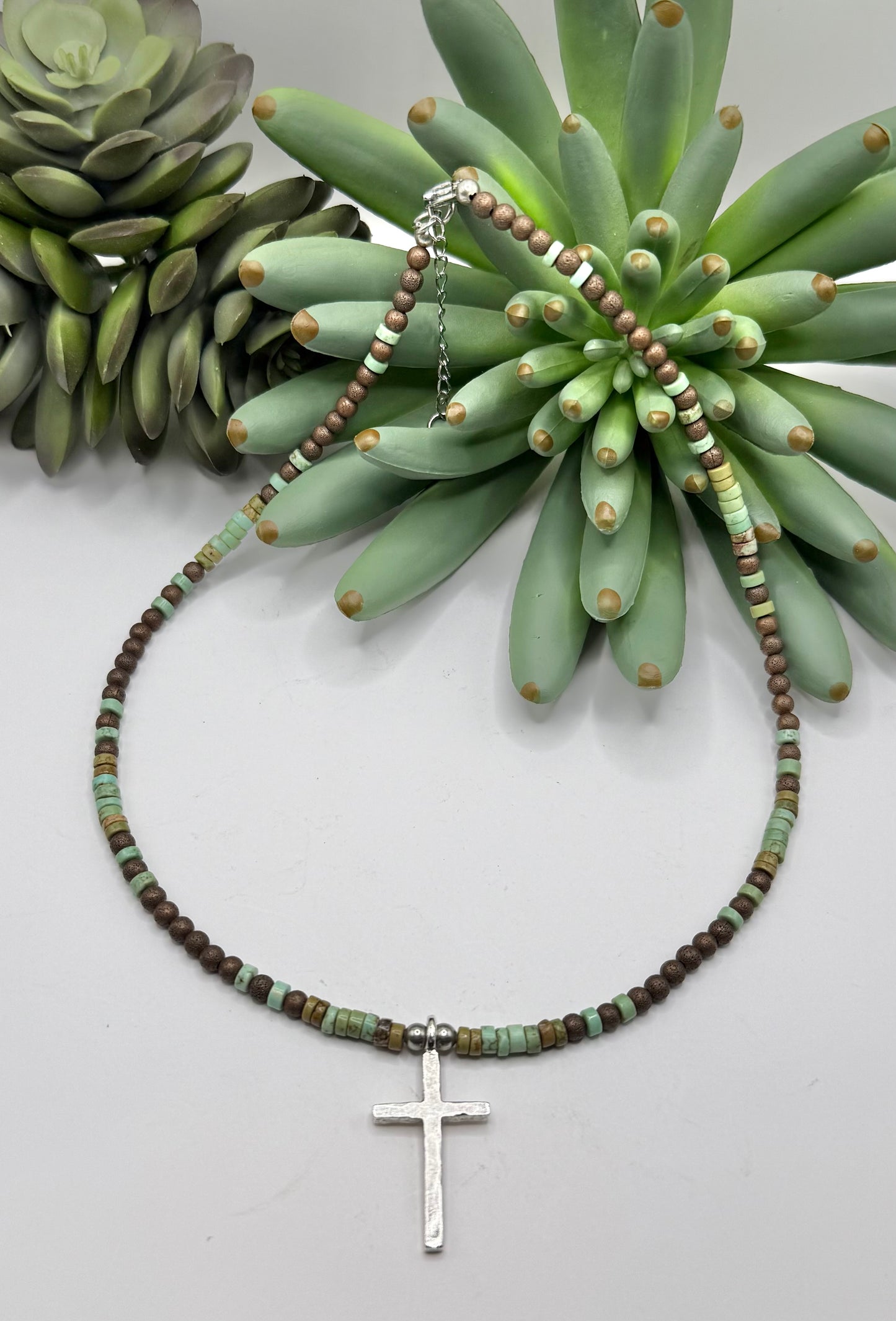 Blended Bead & Silver Cross Necklace - 2 Colors