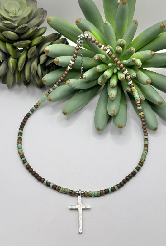 Blended Bead & Silver Cross Necklace - 2 Colors
