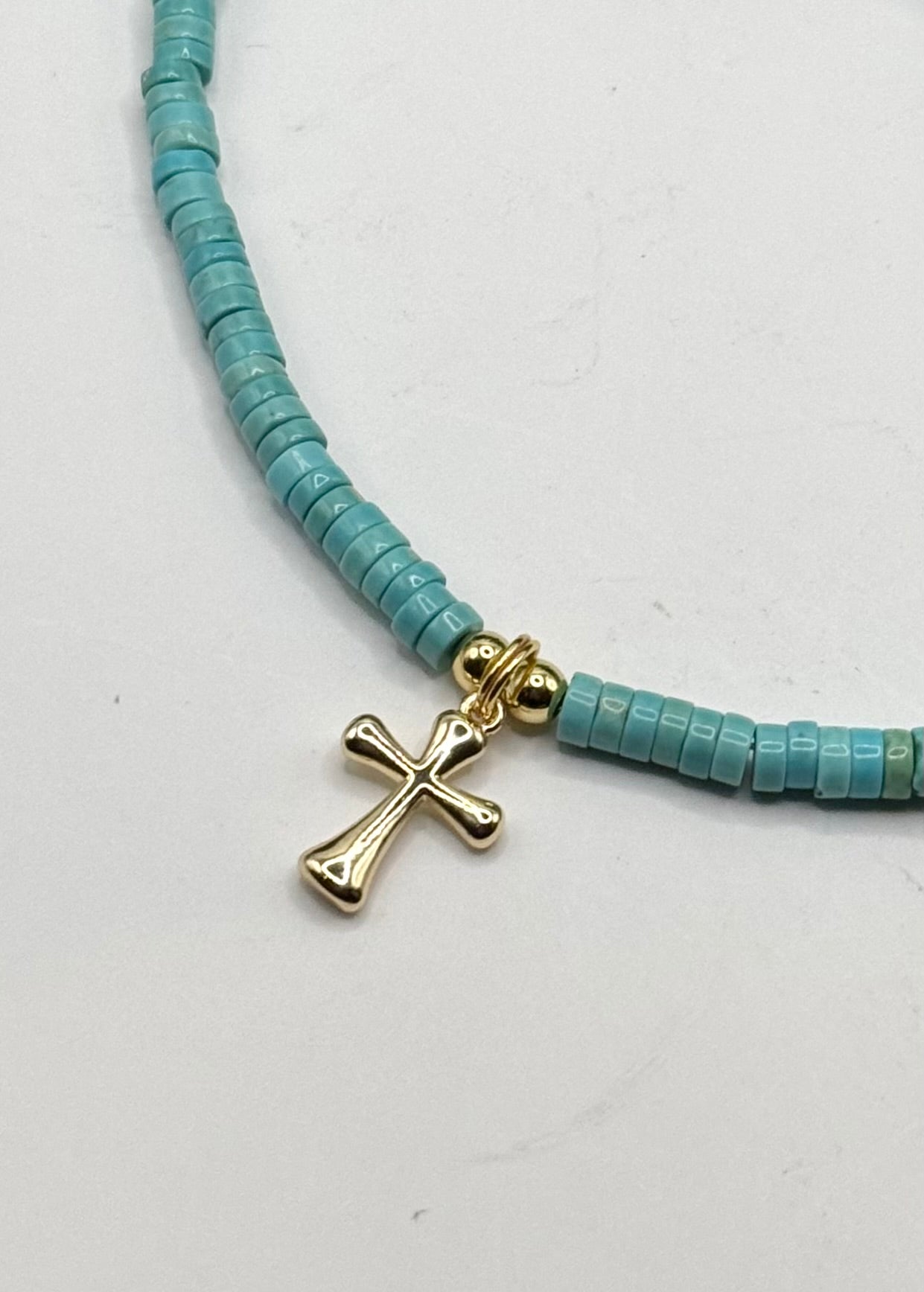 Shiny Gold Cross & Heishi Bead Necklace