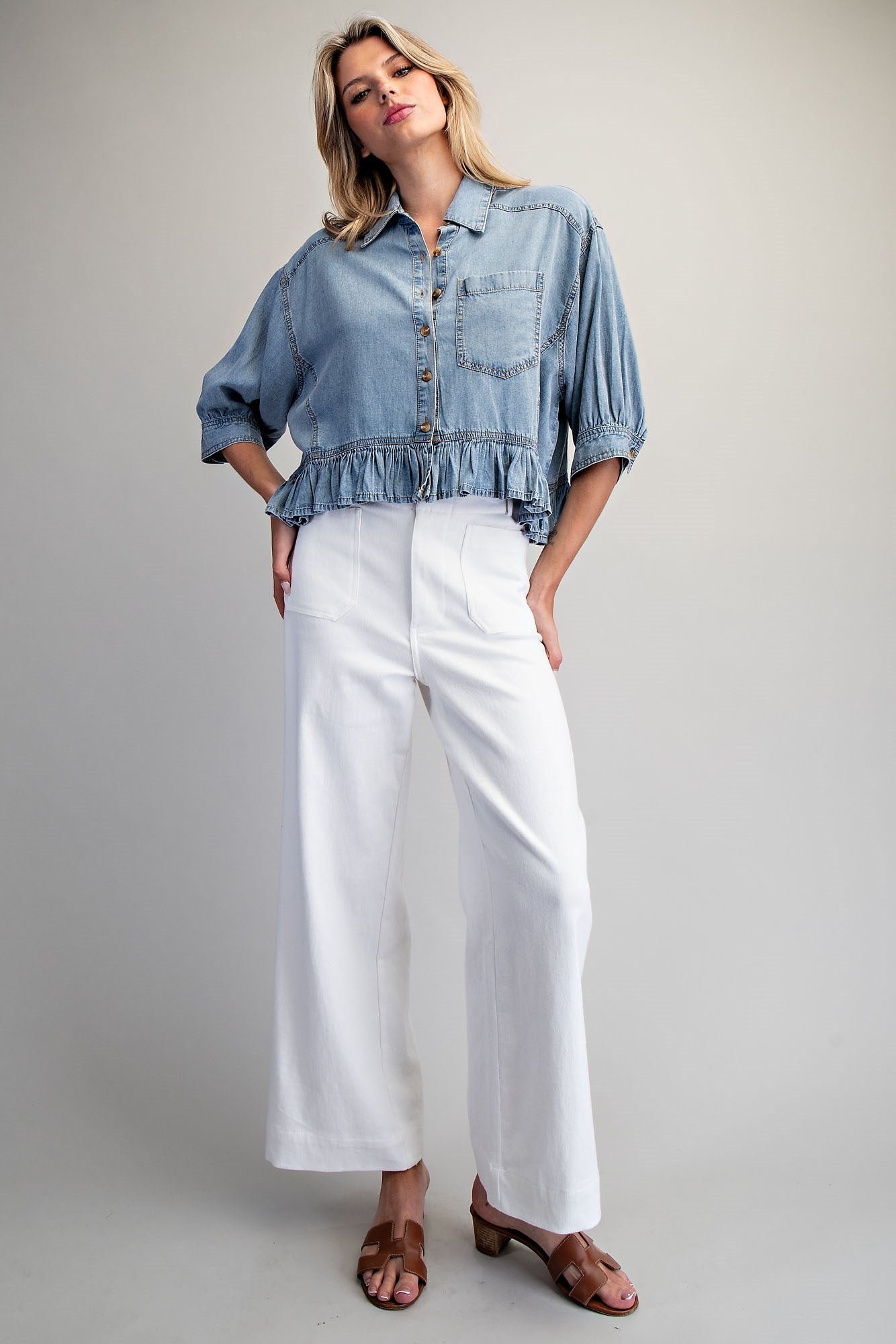 Ruffled Hem Button Down Denim Top