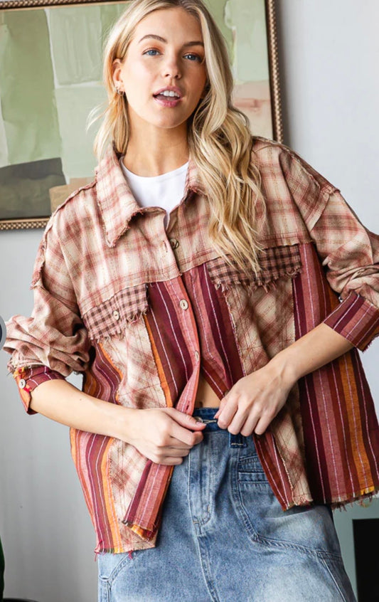 Washed Plaid & Stripe Mixed Shirt
