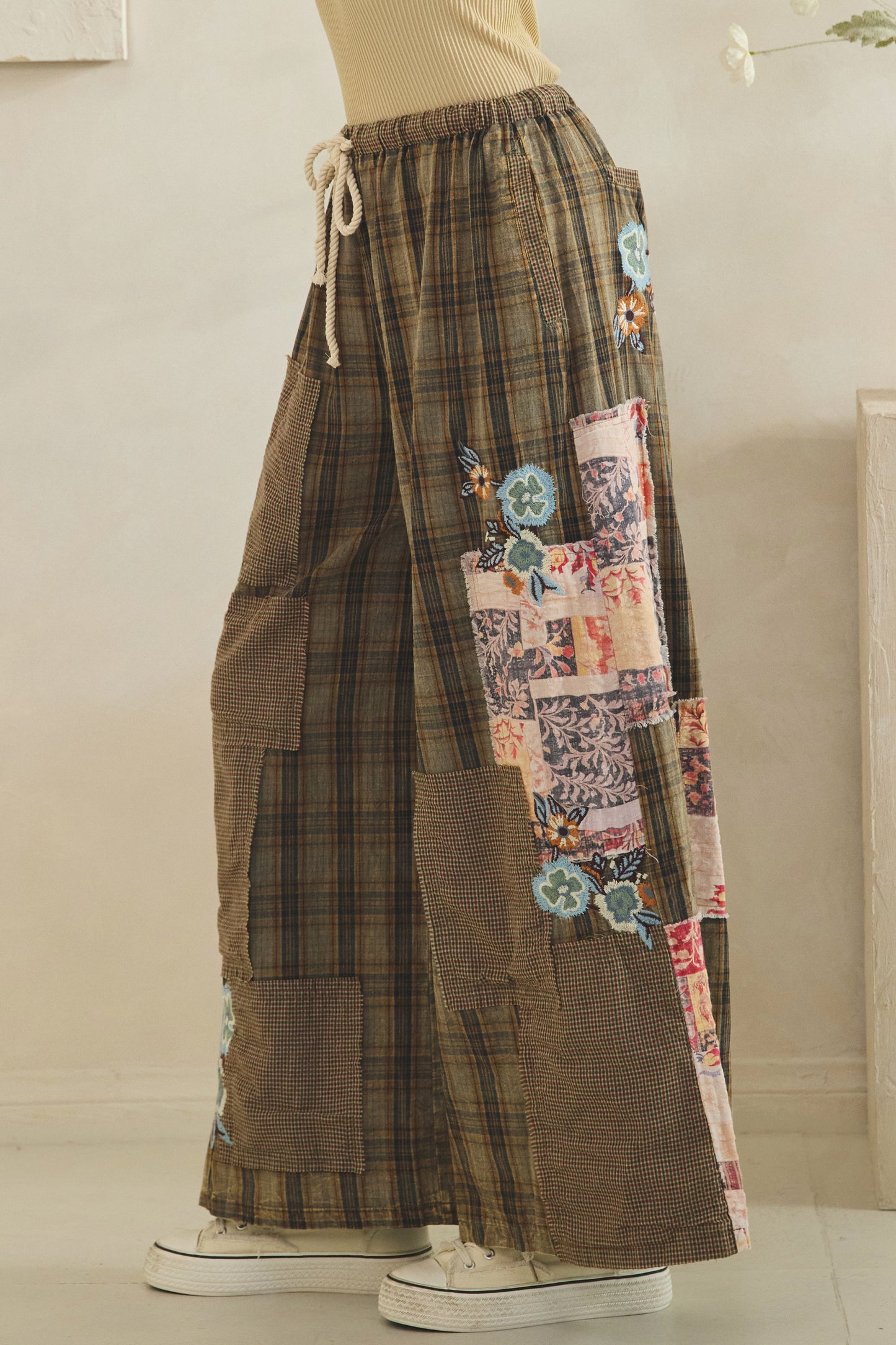 Embroidered Patchwork Plaid Pants