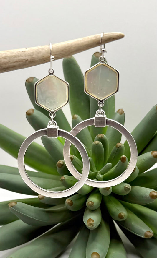 Shell & Matte Silver Dangle Hoop Earrings