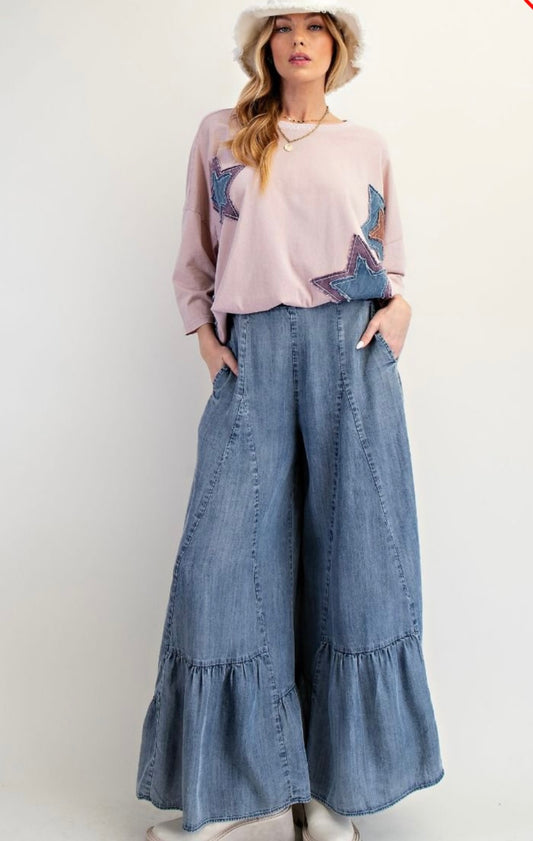 Ruffle Bottom Denim Palazzo Pants