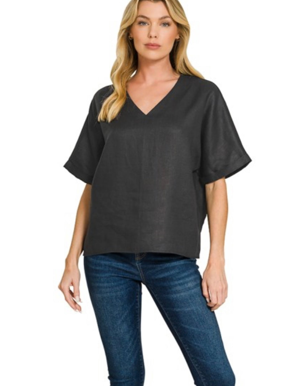 Cuff Sleeve Linen V-Neck Top - 4 Colors