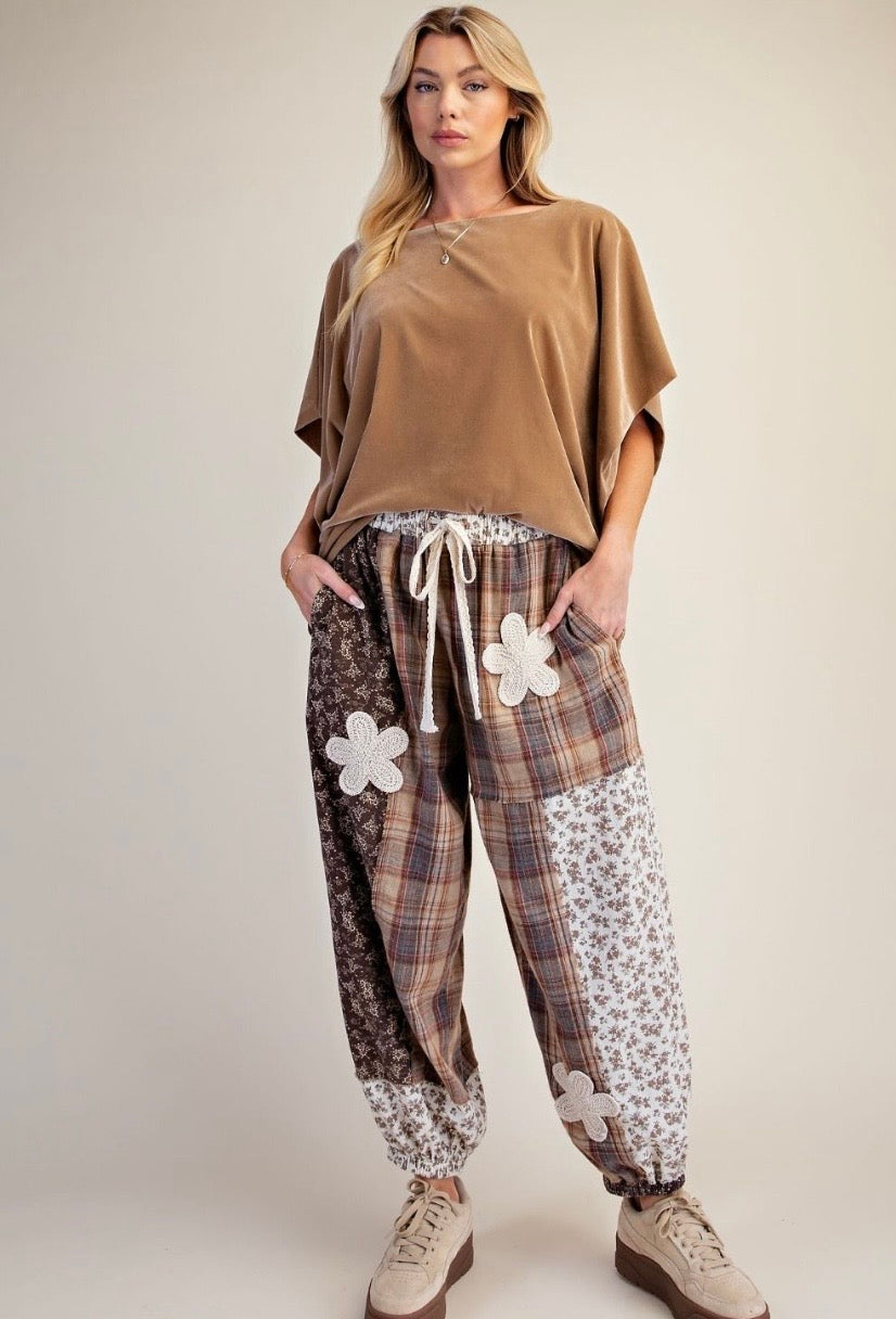 Plaid & Floral Printed Mixed washed Pant