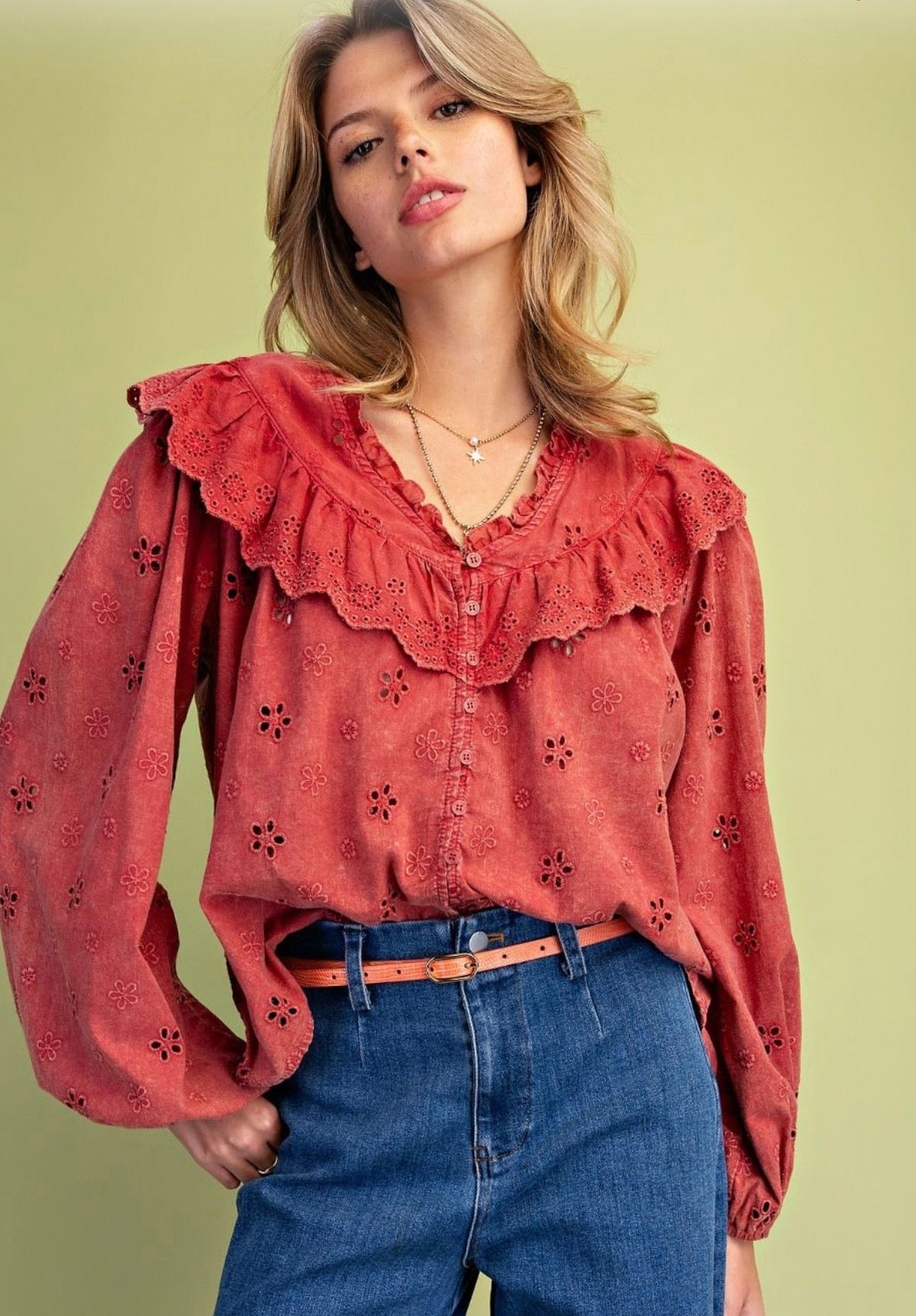 Washed Eyelet Cotton Woven Blouse