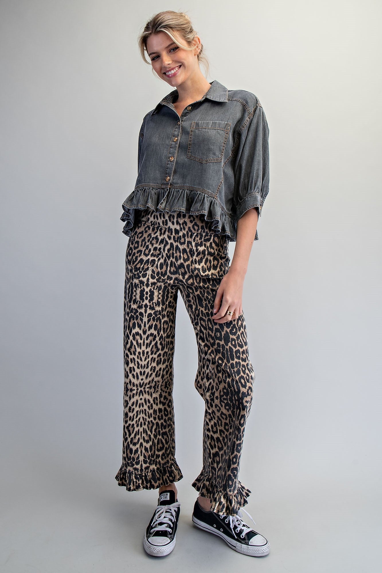 Black Denim Ruffle Hem Blouse
