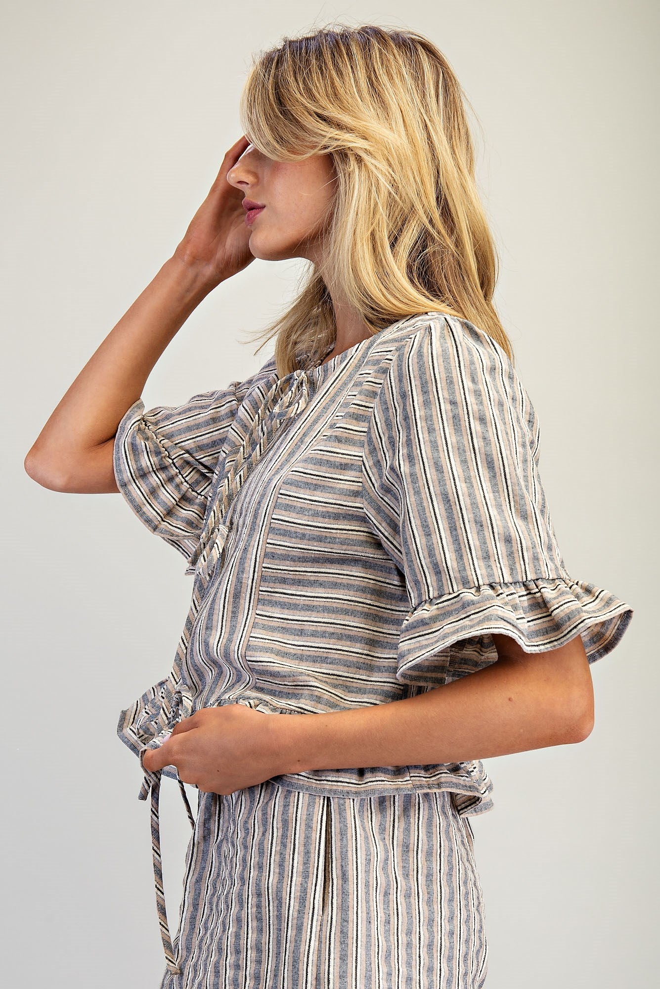 Striped Front Tie Ruffled Blouse Top