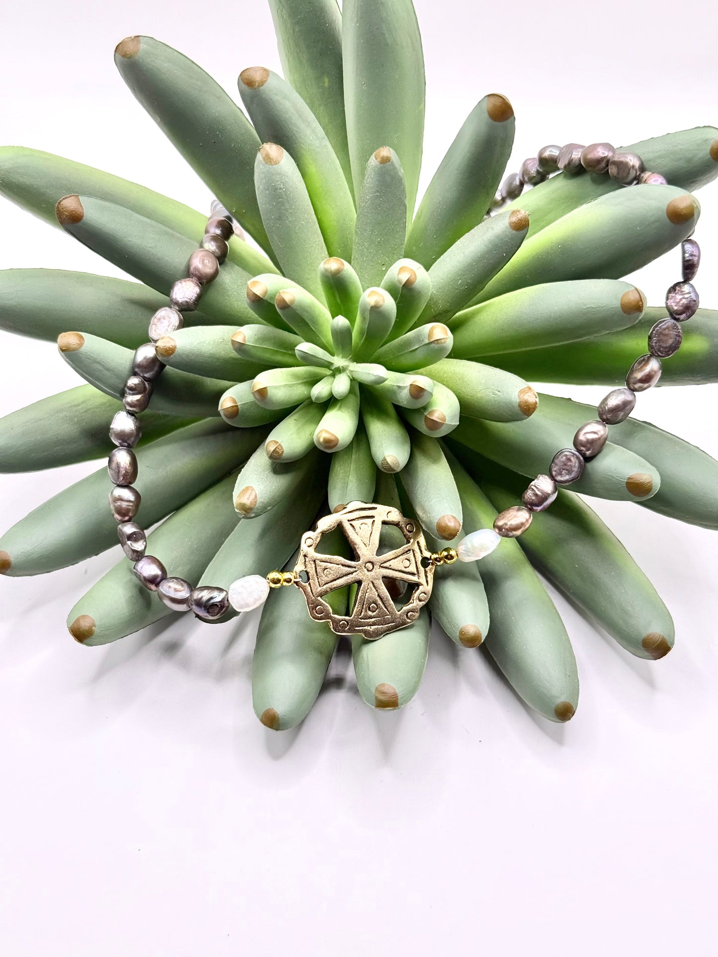 Gold Cross Peacock Pearl Necklace