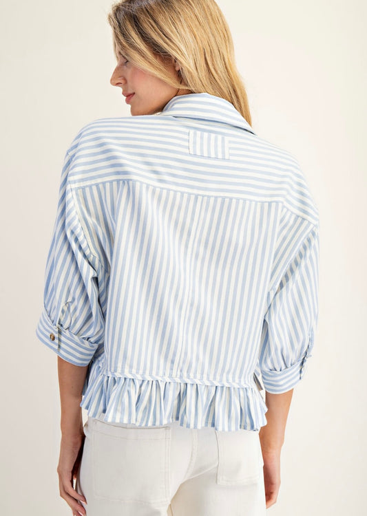 Striped Ruffle Hem Button Up Blouse