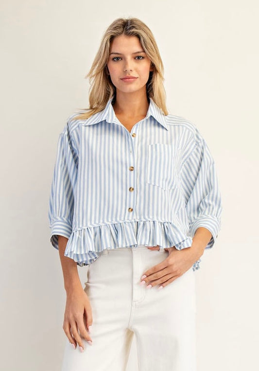 Striped Ruffle Hem Button Up Blouse