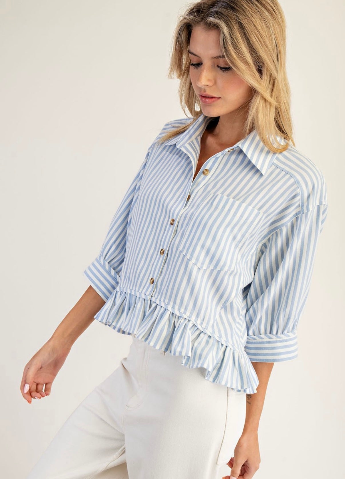 Striped Ruffle Hem Button Up Blouse