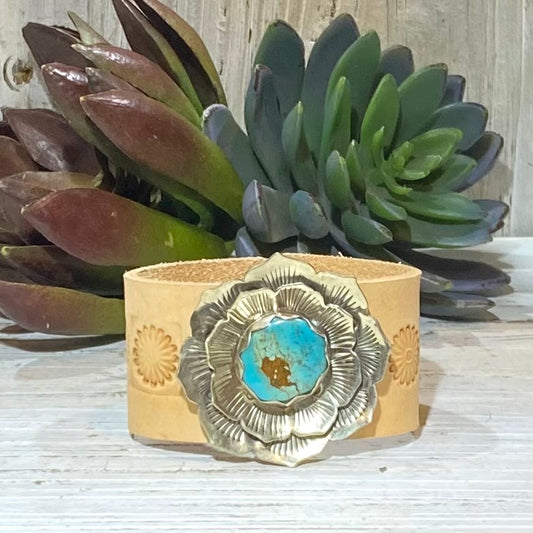 Blooming Turquoise & Leather Cuff