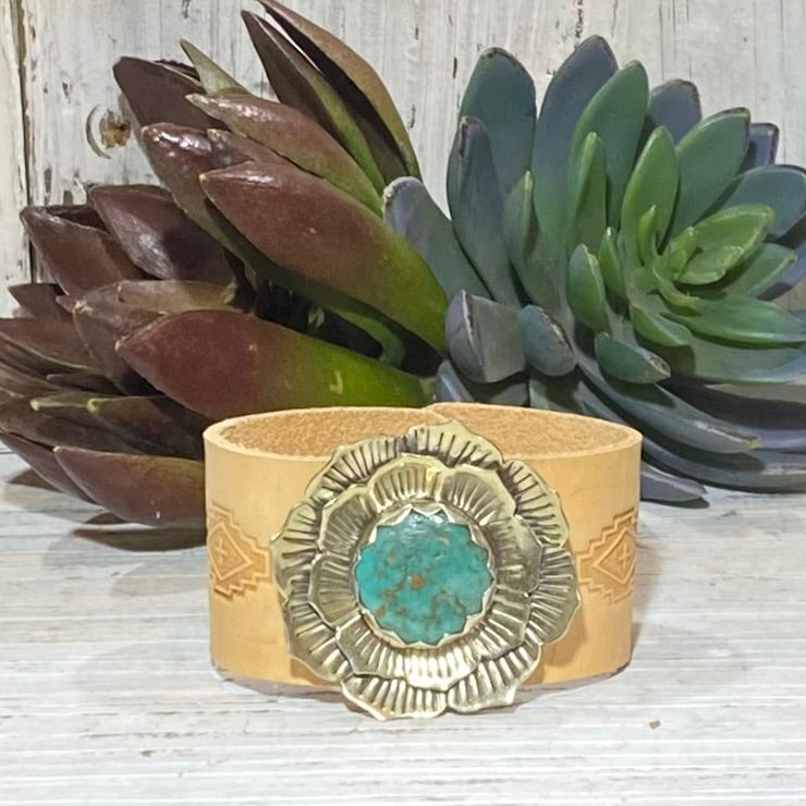 Blooming Turquoise & Leather Cuff