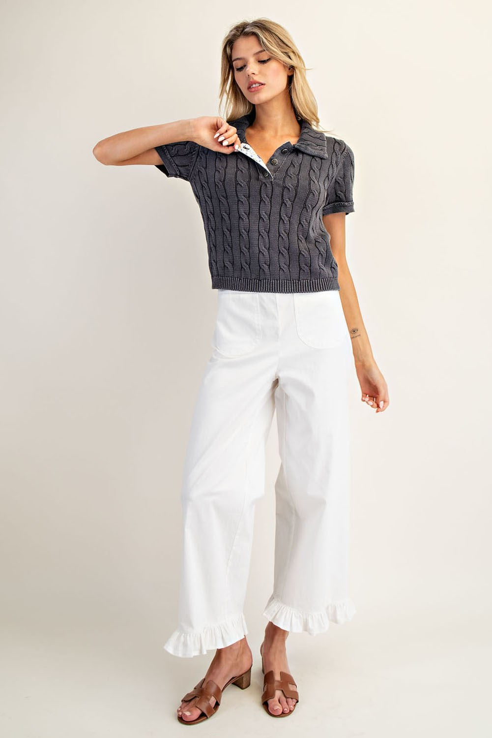Cable Knit Contrast Floral Lined Polo Top