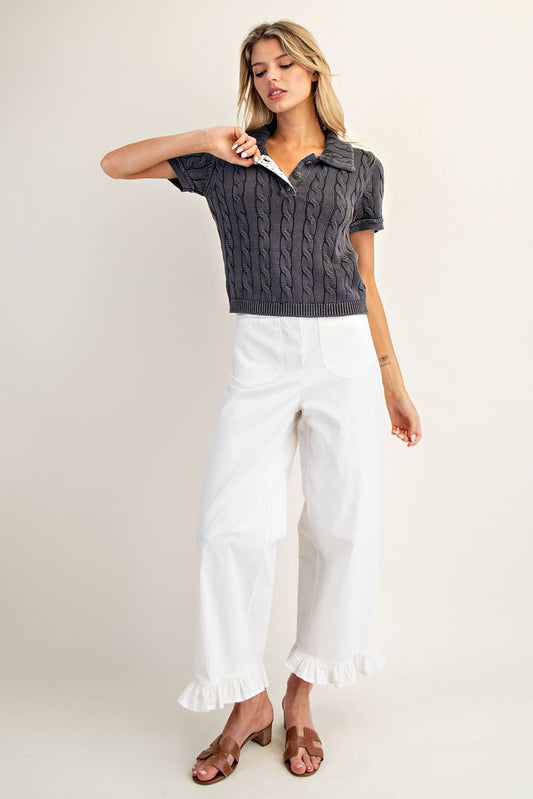 Cable Knit Contrast Floral Lined Polo Top