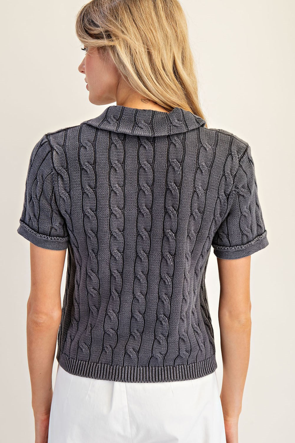 Cable Knit Contrast Floral Lined Polo Top