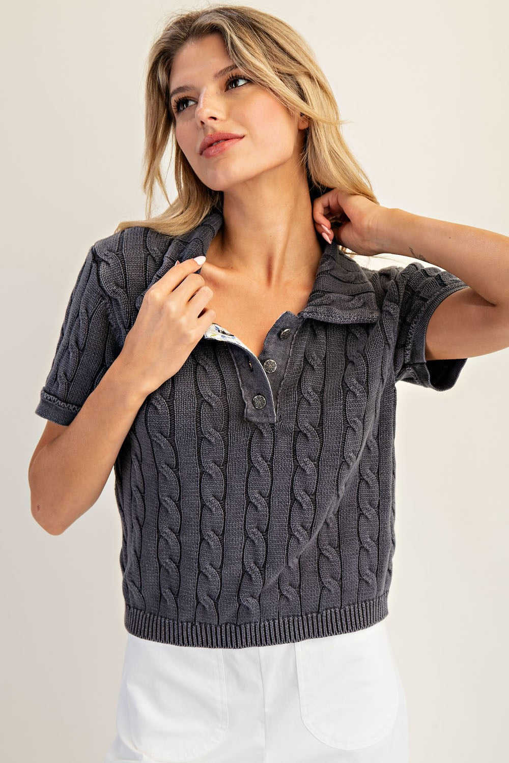 Cable Knit Contrast Floral Lined Polo Top