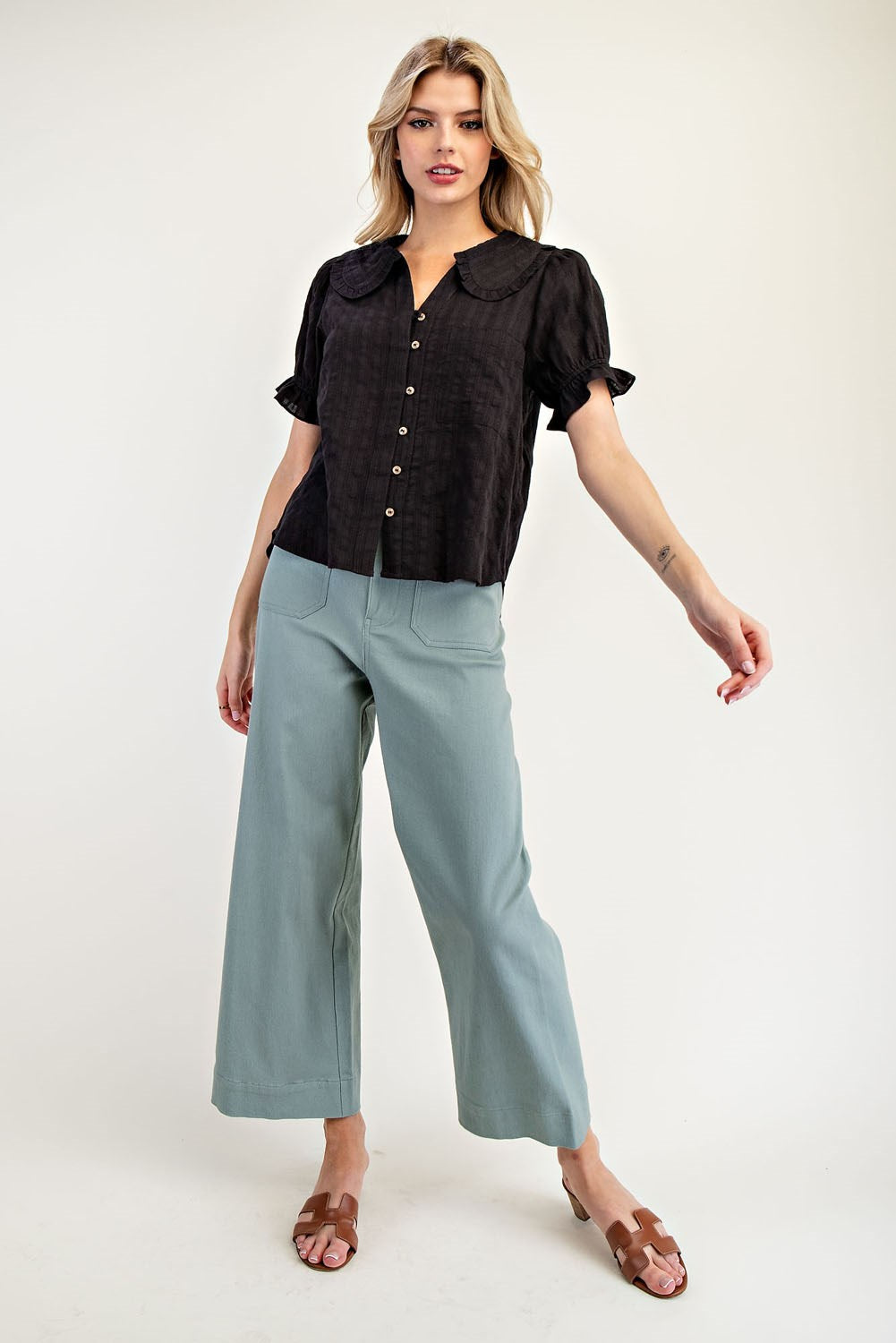 Round Collar Button Down Blouse