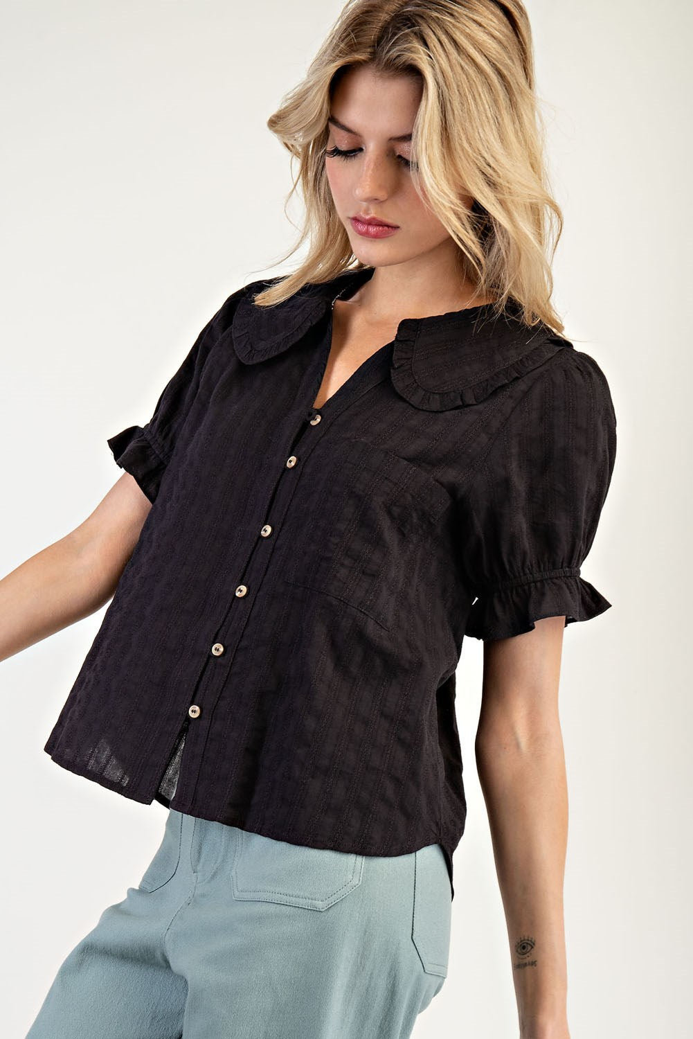 Round Collar Button Down Blouse