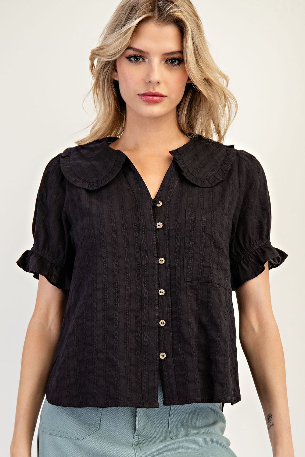 Round Collar Button Down Blouse