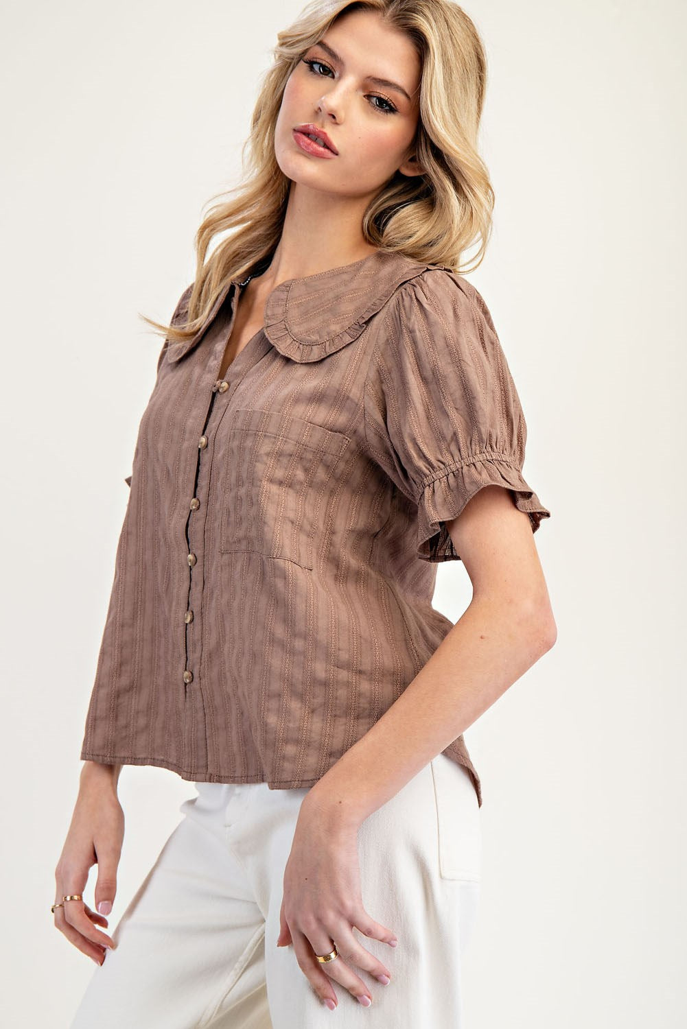 Round Collar Button Down Blouse