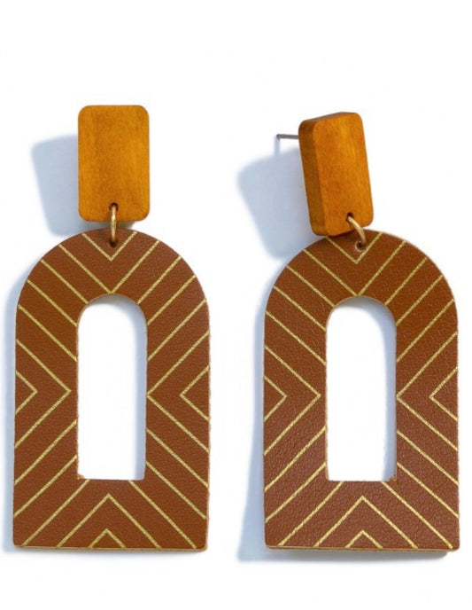 Gold Design Wood & Leather Earrings