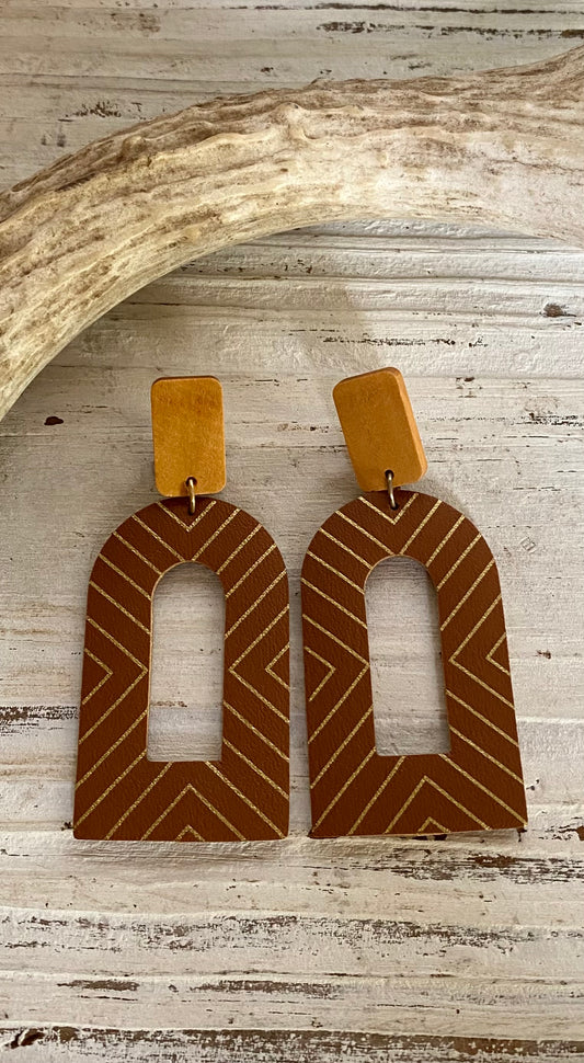 Gold Design Wood & Leather Earrings